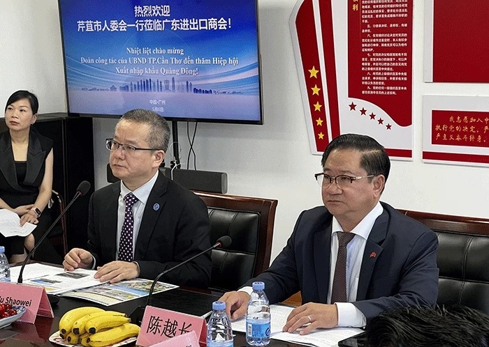 陈越长同志（右）与广东省进出口协会和广东省企业举行工作会谈。