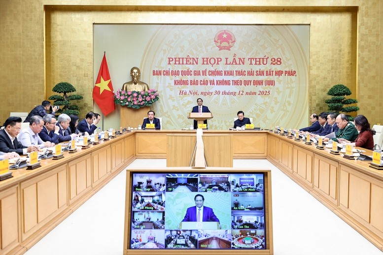 范明政总理要求打击IUU捕捞必须确保实质性 Thủ tướng Phạm Minh Chính chủ trì phiên họp lần thứ 28 của Ban Chỉ đạo quốc gia về chống khai thác hải sản bất hợp pháp, không báo cáo và không theo quy định (IUU) - Ảnh: VGP
