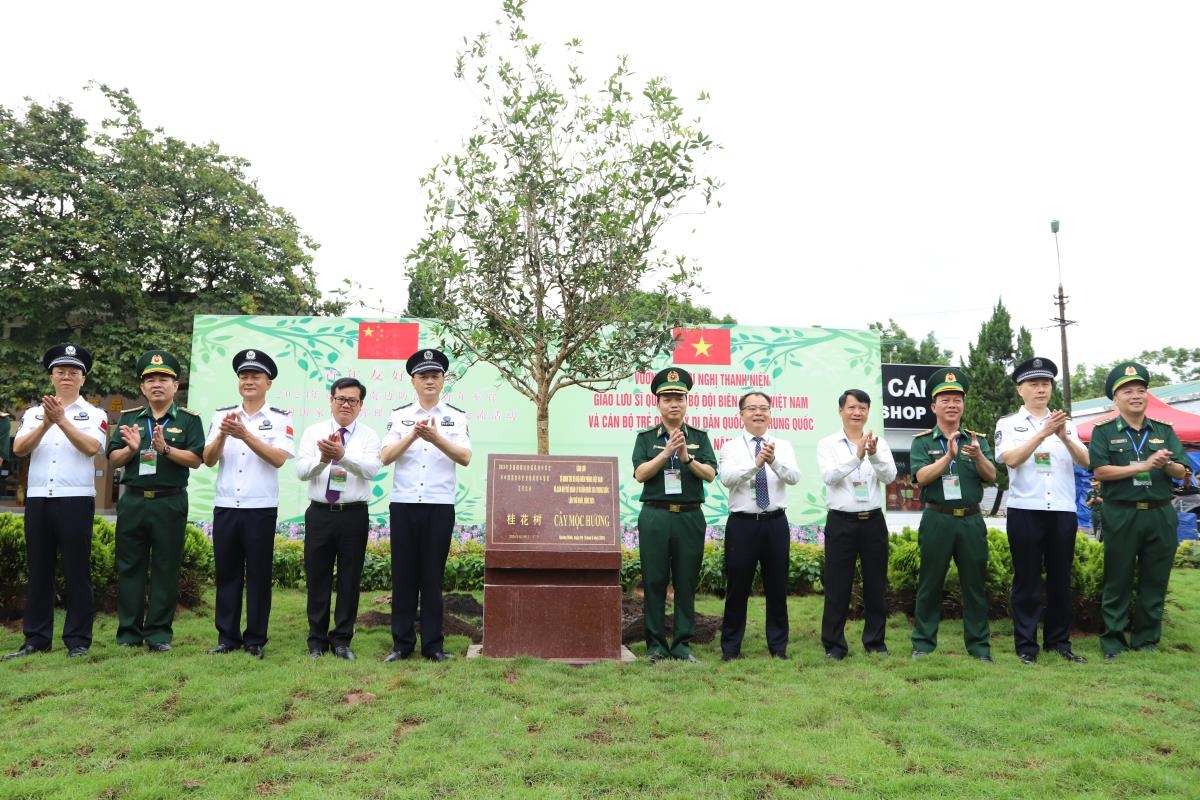 双方代表团在芒街市国际口岸内种植青年友谊树。图：玉林 摄