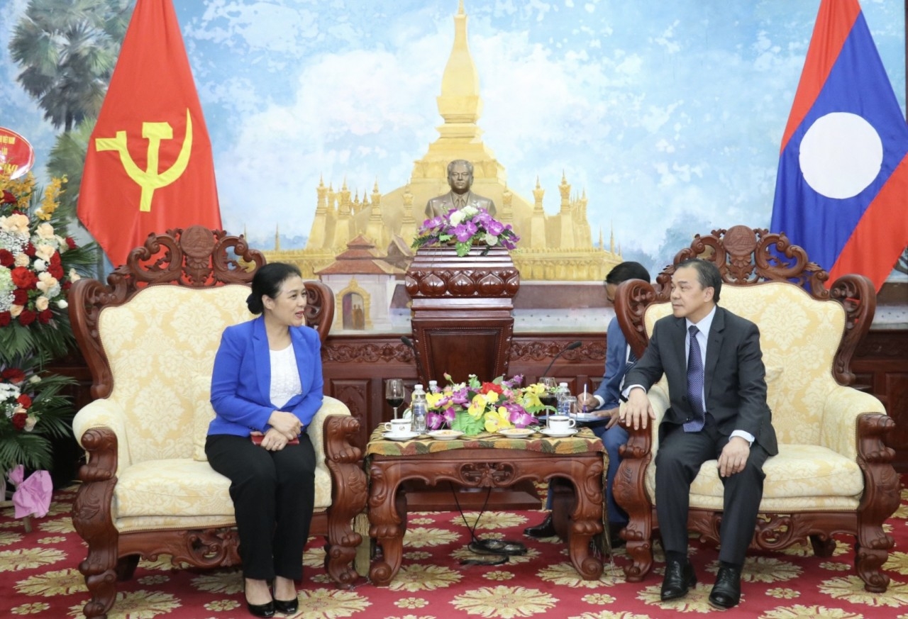 阮芳娥大使同老挝人民民主共和国驻越南特命全权大使Sengphet Houngboungnuang进行了会谈。（图：秋河 摄）