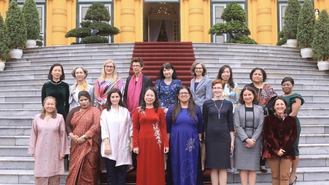越南国家副主席会见各国驻越女大使和女代办。