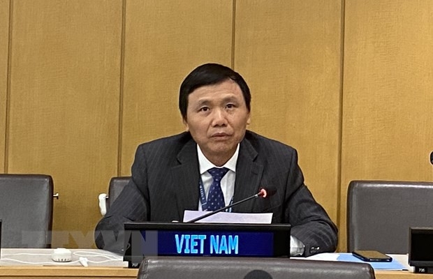 越南常驻联合国代表团团长邓廷贵大使在会议上发表讲话