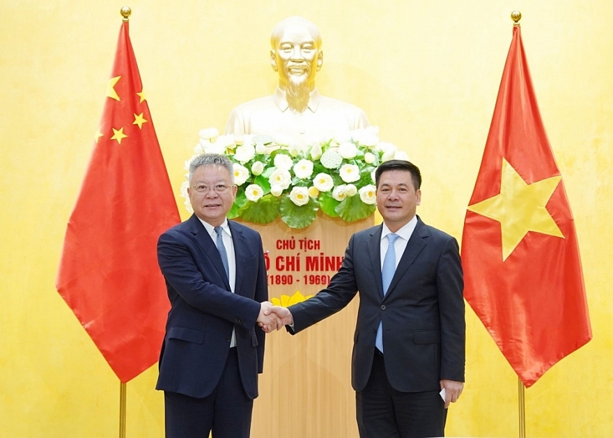 越南工贸部长阮鸿延在河内会见中国海南省委书记沈晓明。