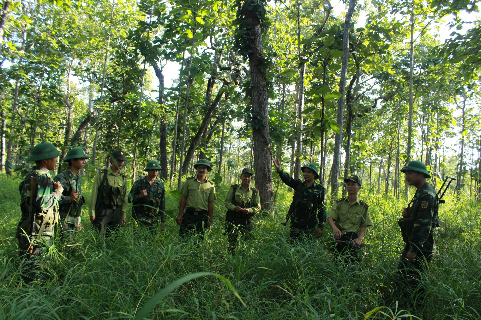 Yok Don边境站官兵配合Yok Don国家公园护林员巡逻保护森林。