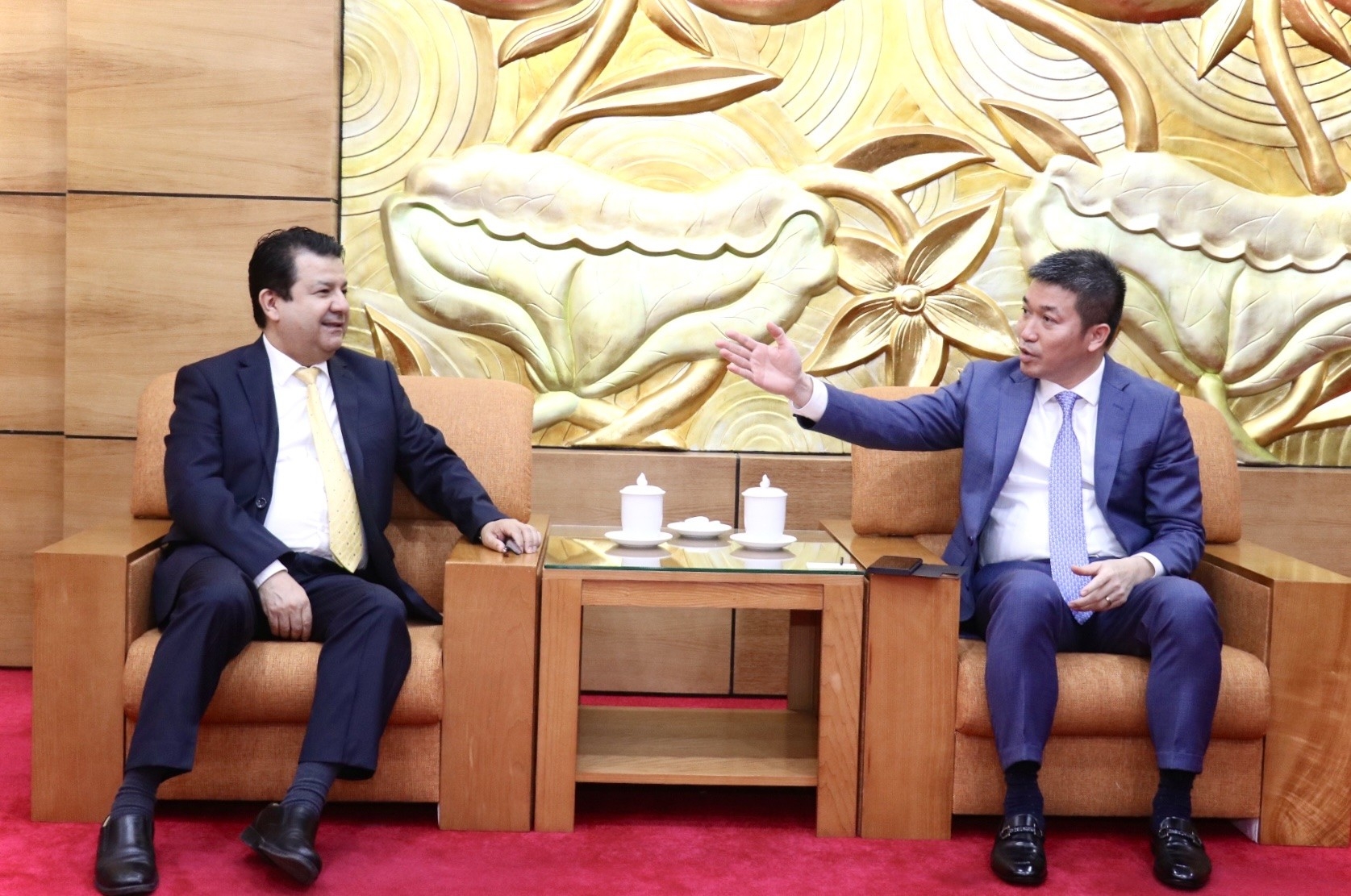 越南友好组织联合会副主席兼秘书长潘英山先生会见智利驻越南大使塞尔吉奥·纳雷亚先生。（图：秋河）