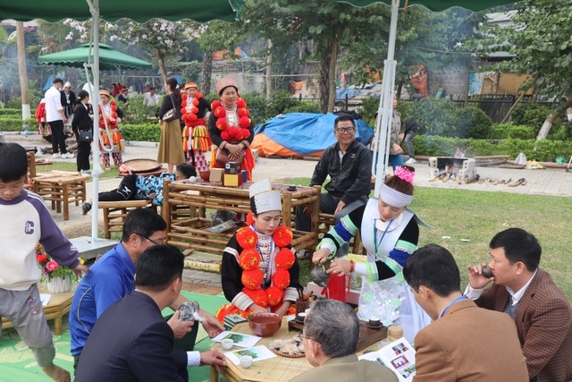 游客很高兴参加 2023 年山雪茶节，亲眼目睹茶叶加工过程。