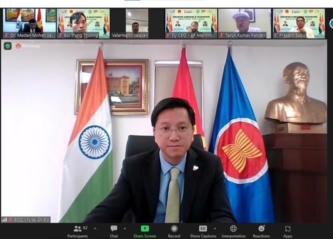 越南驻印度大使阮青海在线研讨会上发表讲话。
