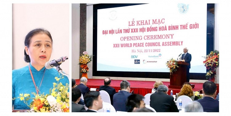 左图：越南友好组织联合会主席阮芳俄女士在2022年世界和平理事会第22届大会上发言。右图：