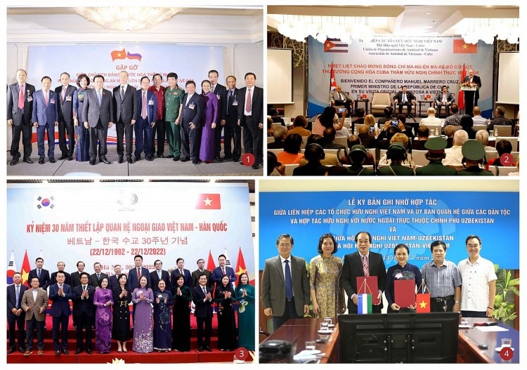 第1图：2023年，越南友好组织联合会会见统一俄罗斯党主席、俄罗斯联邦安全会议副主席德米特里·梅德韦杰夫。  第2图：2022年，越南友好组织联合会和越南古巴友好协会领导人与古巴总理曼努埃尔·马雷罗·克鲁斯互动。  第3图：2022年，庆祝越南与韩国建交30周年。  第4图：2021年，越南友好组织联合会与乌兹别克斯坦合作伙伴的谅解备忘录签署仪式。