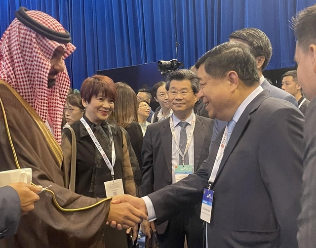 阮志勇部长与阿联酋经济部长交谈。