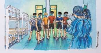 在英国越南留学生在回国集中隔离时作画鼓舞