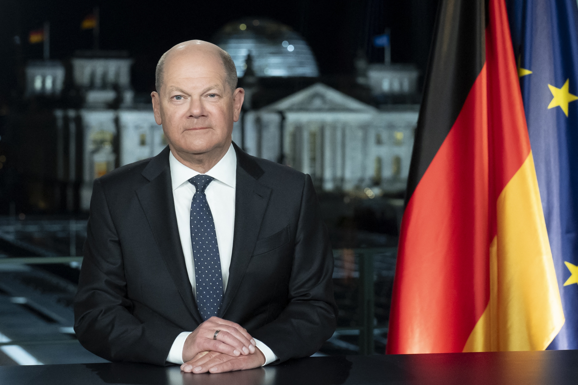 当地时间2023年12月31日，德国总理朔尔茨发表新年致辞。