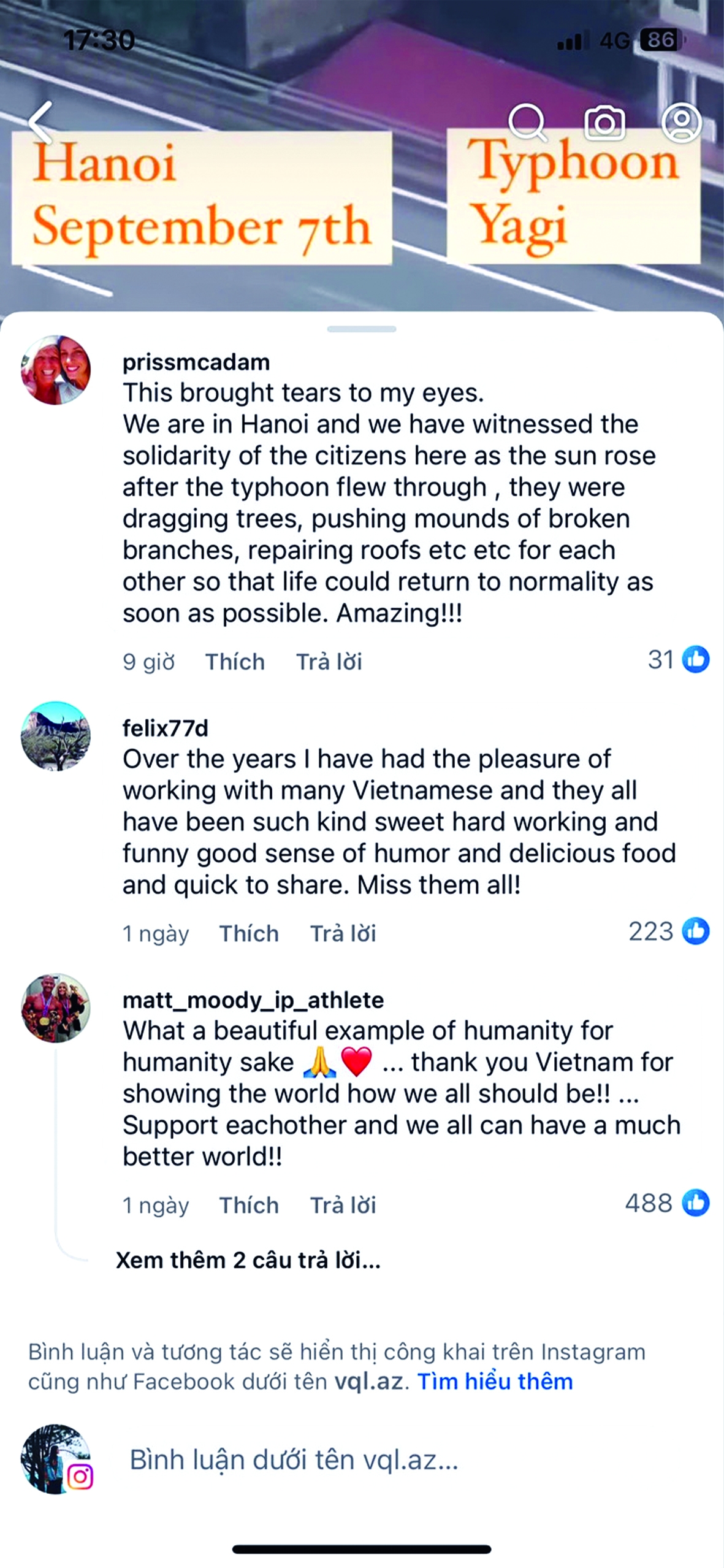 外国人对越南在三号台风中团结互助的评论。
