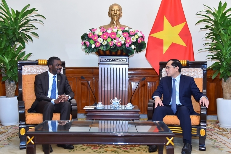 越南外交部长裴青山（右）与世界遗产中心主任拉扎尔·埃伦杜·阿索莫。图自越通社