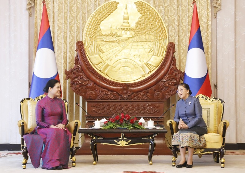 越南妇女联合会主席何氏娥礼节性拜访老挝国家副主席巴妮•雅陶都。