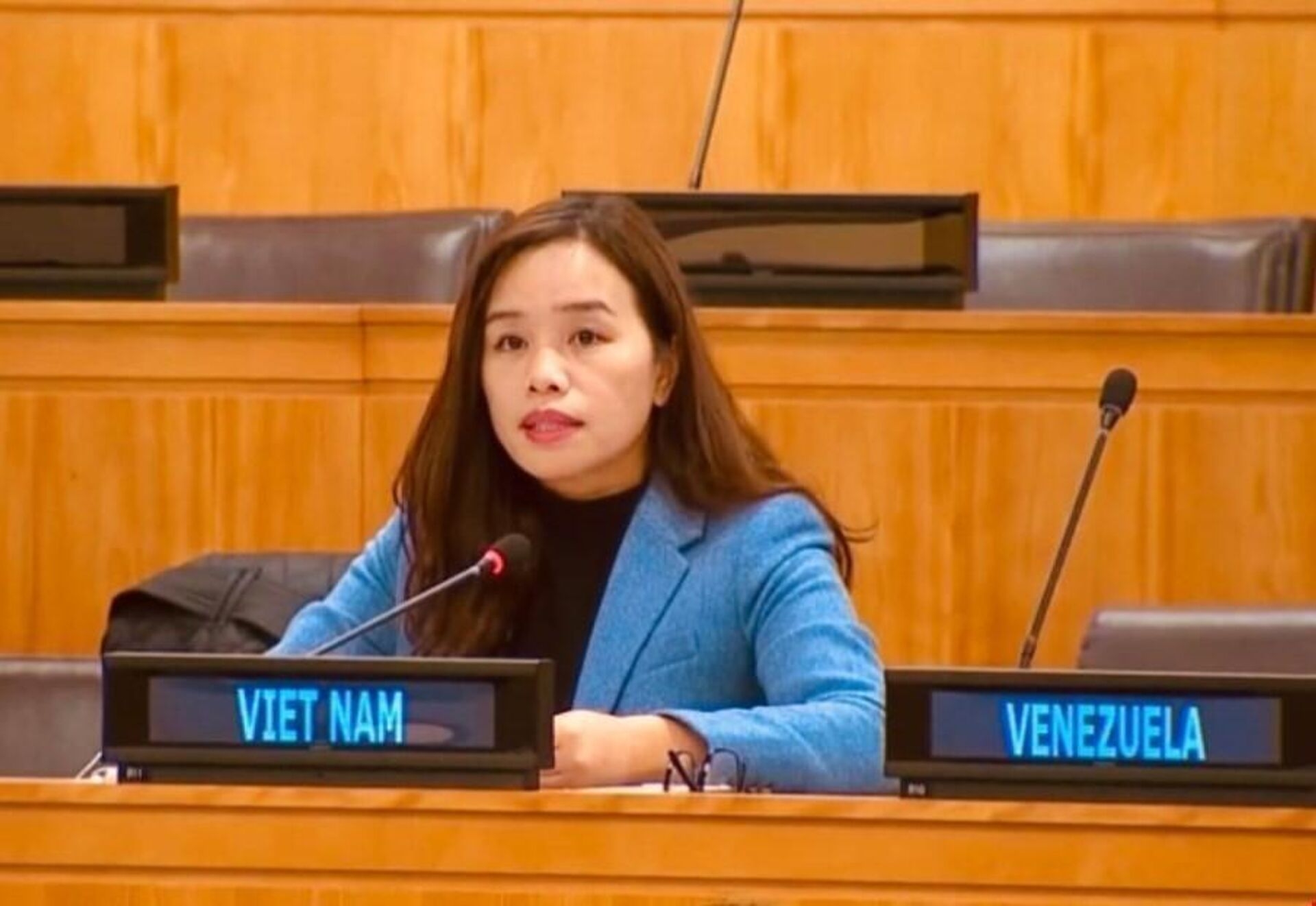 越南常驻联合国代表团副团长黎氏明钗在会议上发言。