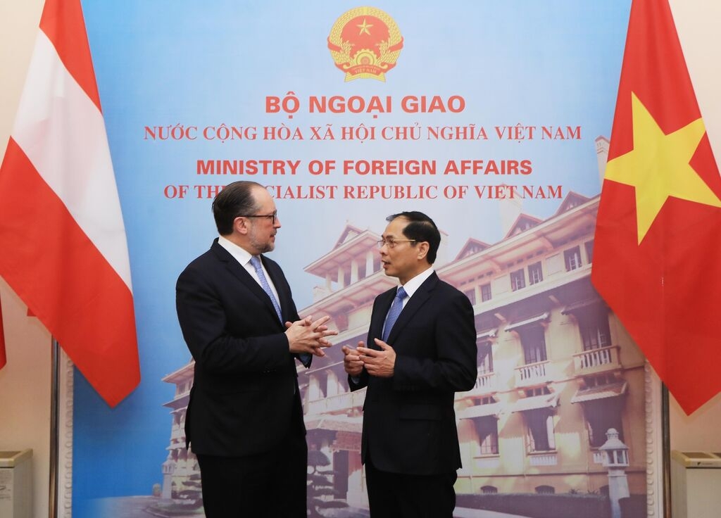 越南外交部长裴青山与奥地利外交部长亚历山大·沙伦贝格交流。图自越通社