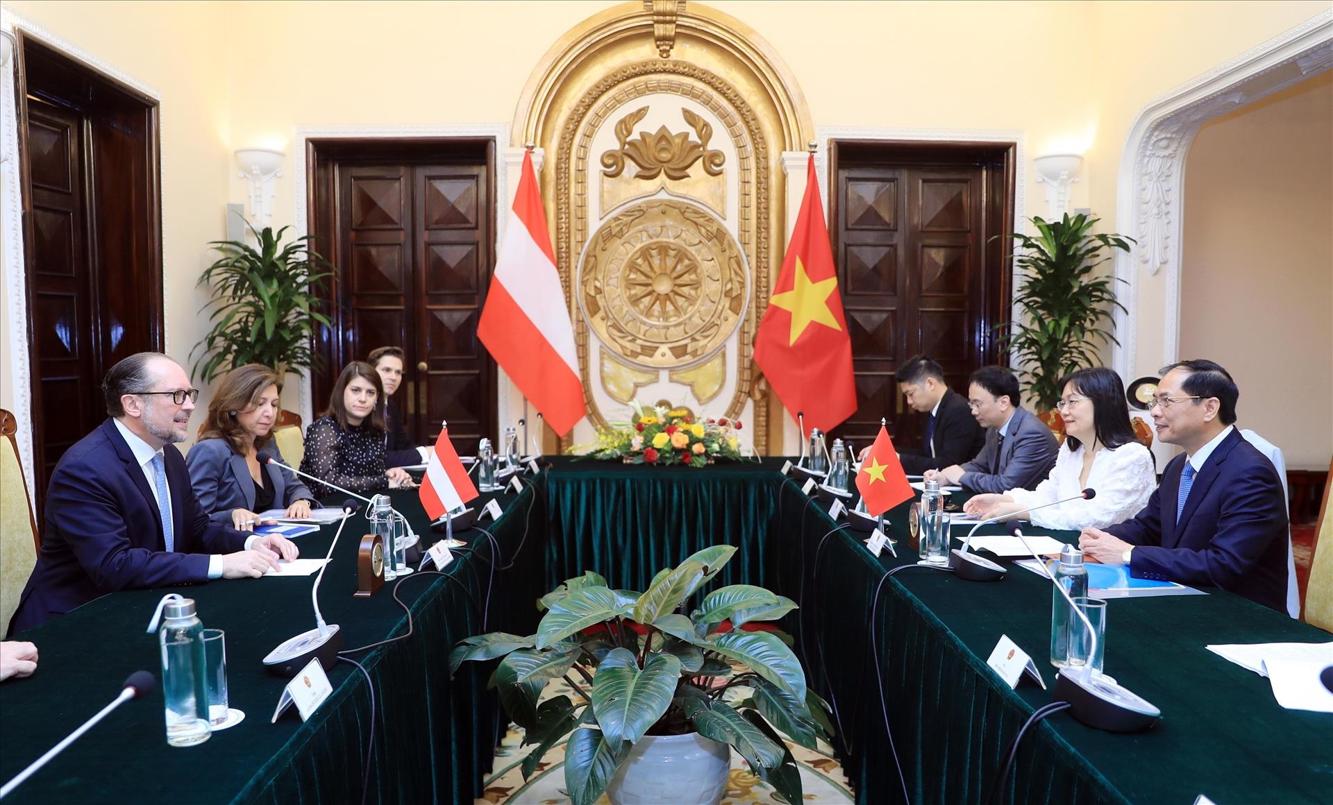 越南外交部长裴青山与奥地利外交部长亚历山大·沙伦贝格进行会谈。