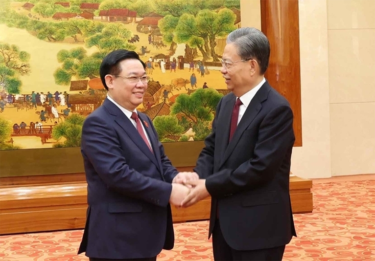 越南国会主席王廷惠和中国全国人大常委会委员长赵乐际。