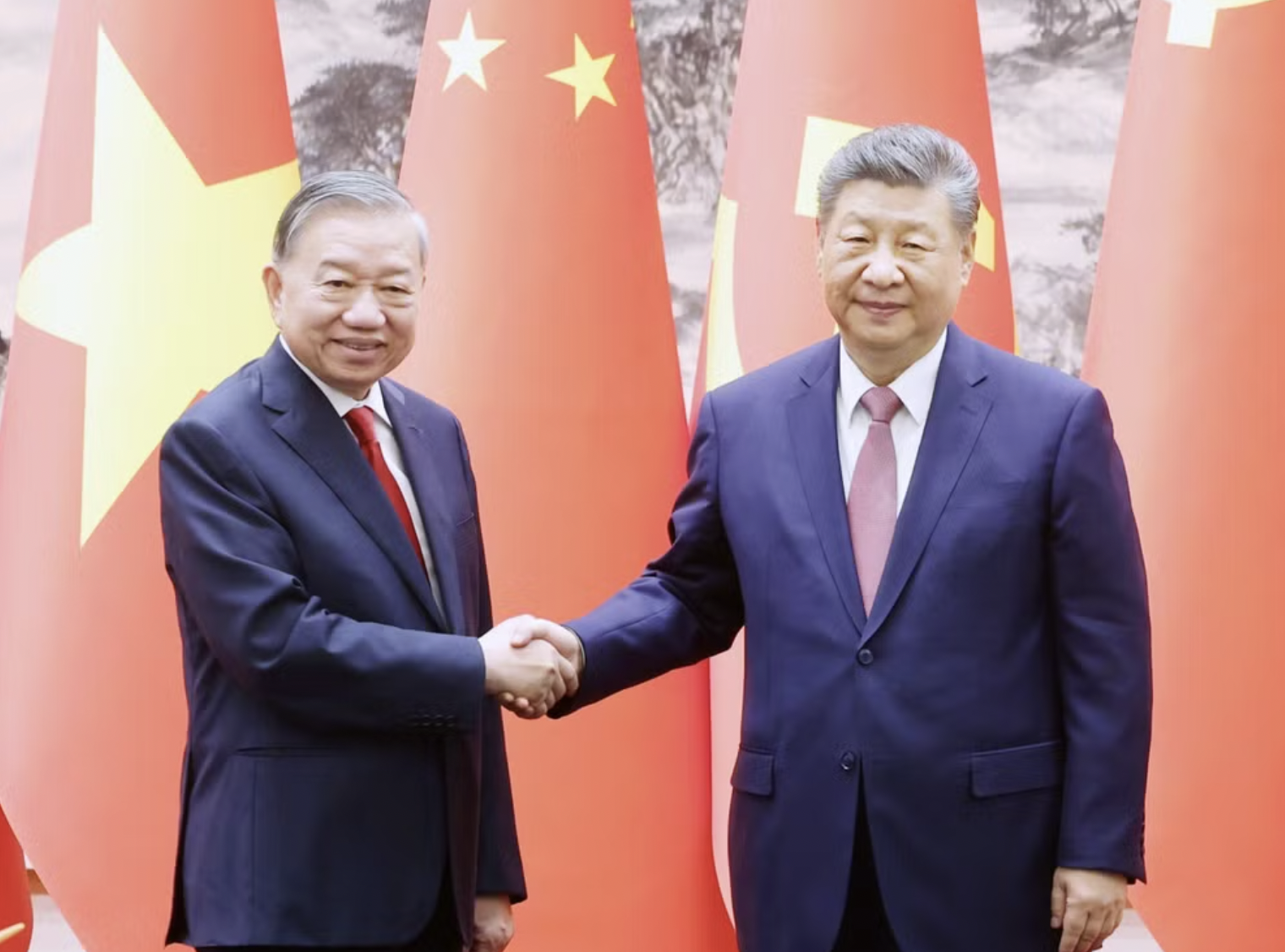 越南共产党中央委员会总书记、越南社会主义共和国主席苏林与中国共产党中央委员会总书记、中华人民共和国主席习近平。