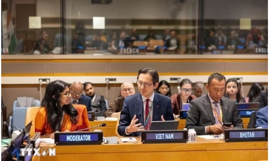 越南常驻联合国团团长杜雄越大使（中）在座谈会上发言。