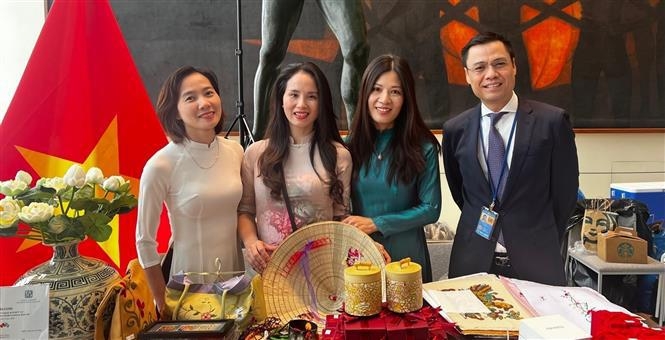 越南常驻联合国代表团团长邓黄江大使参观越南展位。