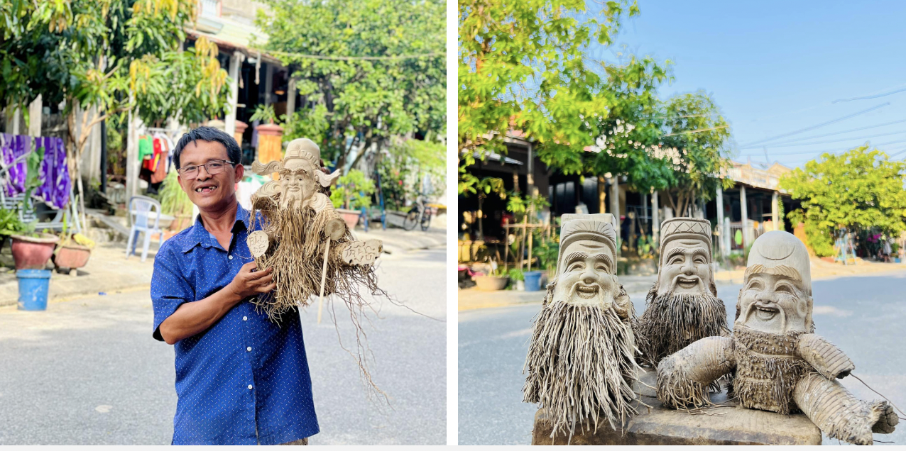 50 岁、生活在广南省会安市的黃放红叔叔有一次在大洪水中无意钓到了竹桩，开始爱上了在旧竹桩上雕刻佛像的职业。