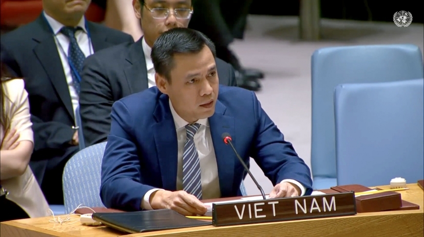 越南常驻联合国代表团团长邓黄江大使在会上发表讲话 