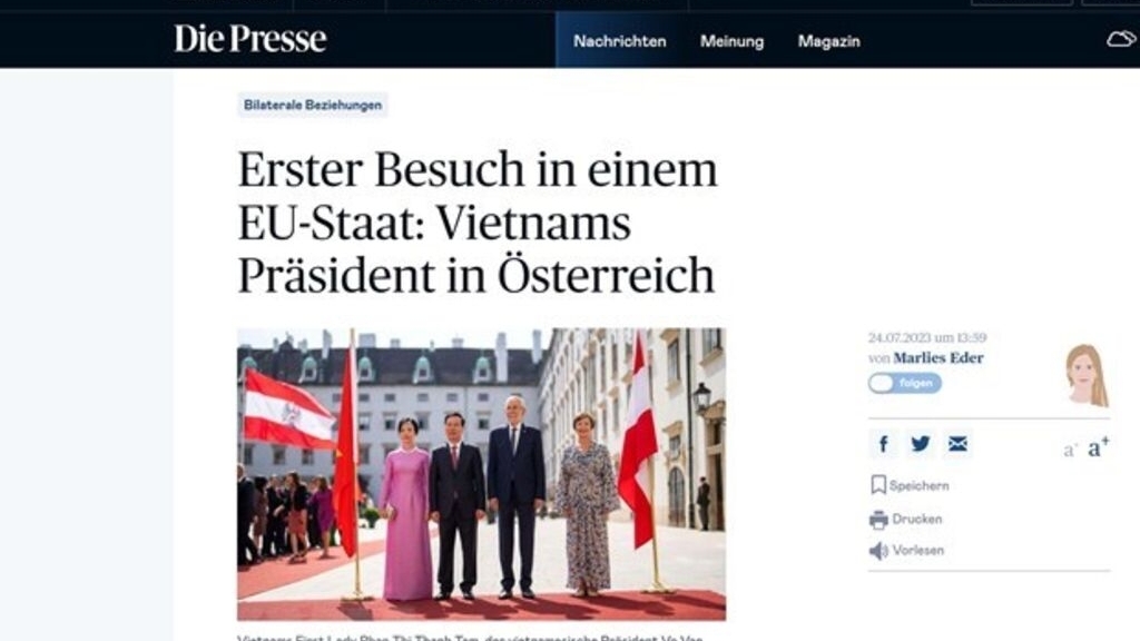 奥地利媒体：越南国家主席访奥之行为进一步推动两国之间的良好传统关系注入动力