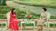越共中央总书记、国家主席苏林夫人吴芳璃与中共中央总书记、中国国家主席习近平夫人彭丽媛进行茶叙