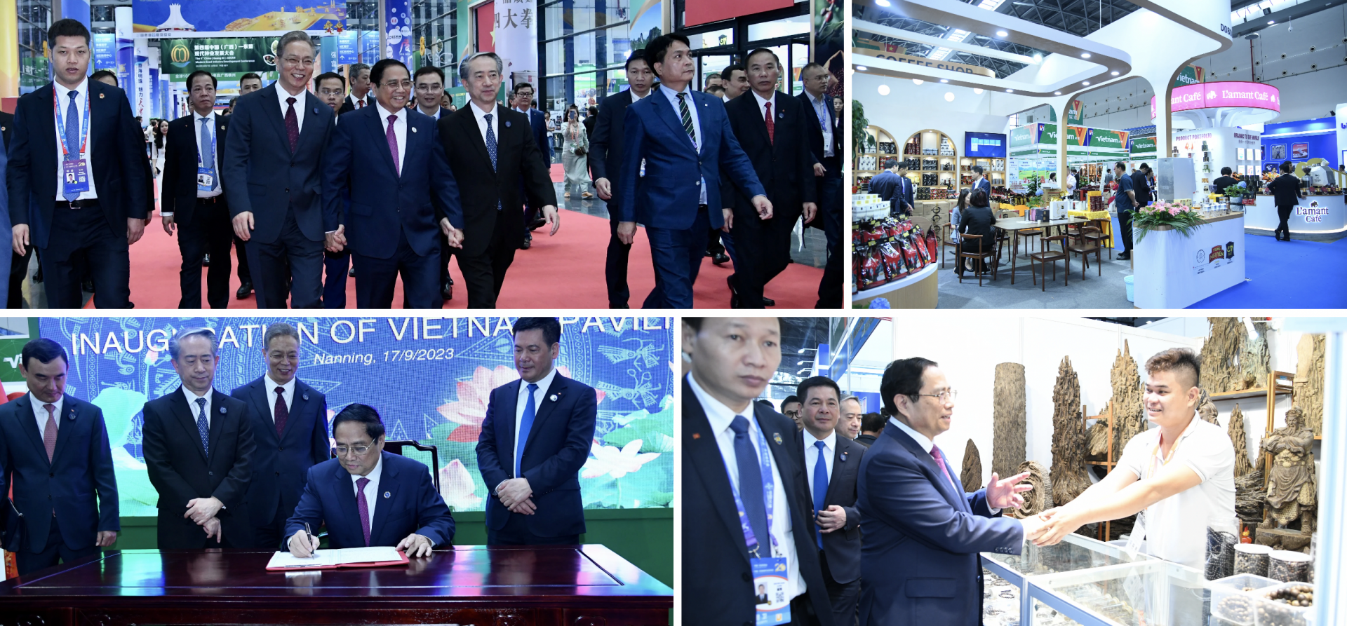 越南政府总理范明正，中国驻越南大使熊波，中国广西壮族自治区领导以及各位代表参观第20届中国—东盟博览会展位。