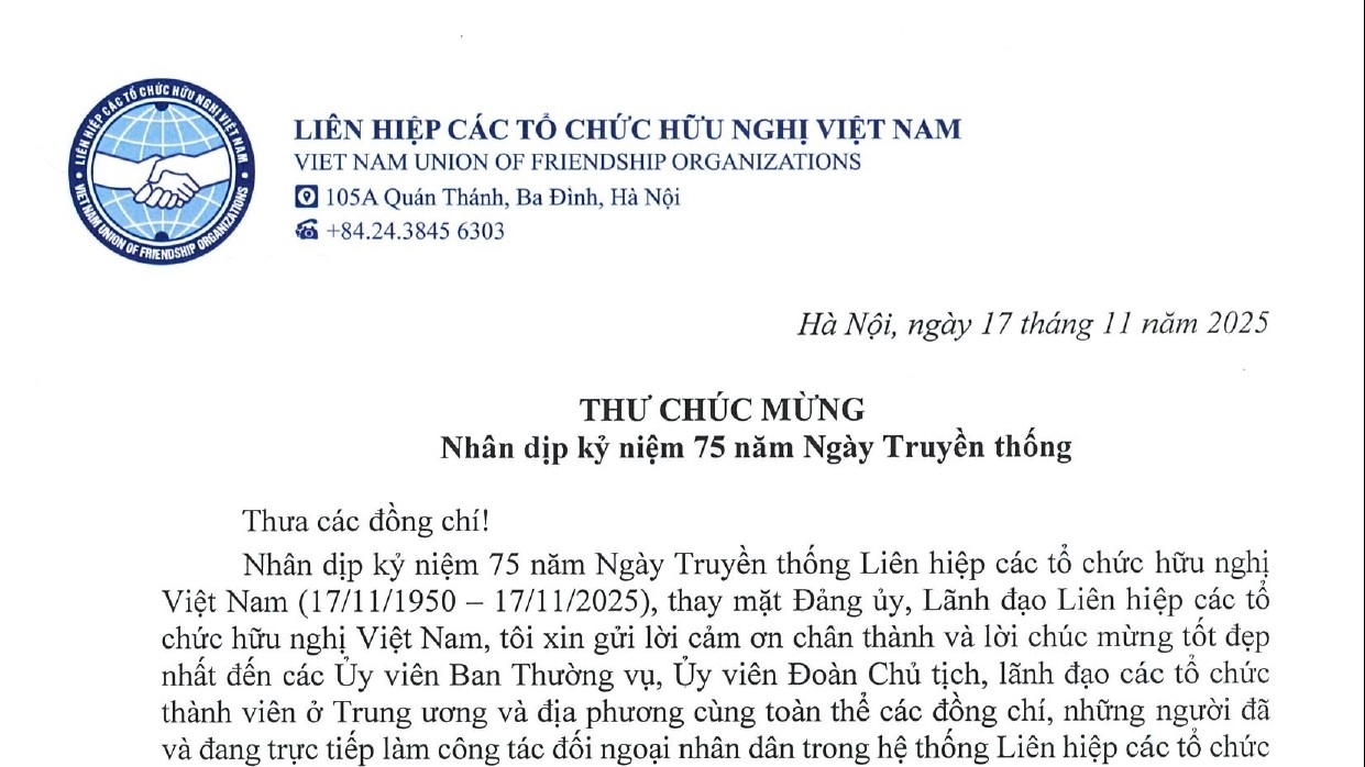 越南友好组织联合会主席的贺信