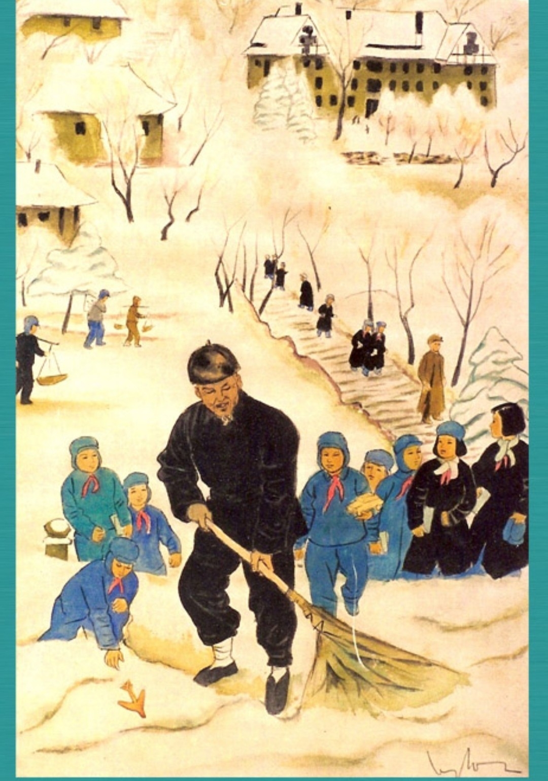 担任绘画老师的艺术家黎原利的一幅名为《扫雪的老人》的画。